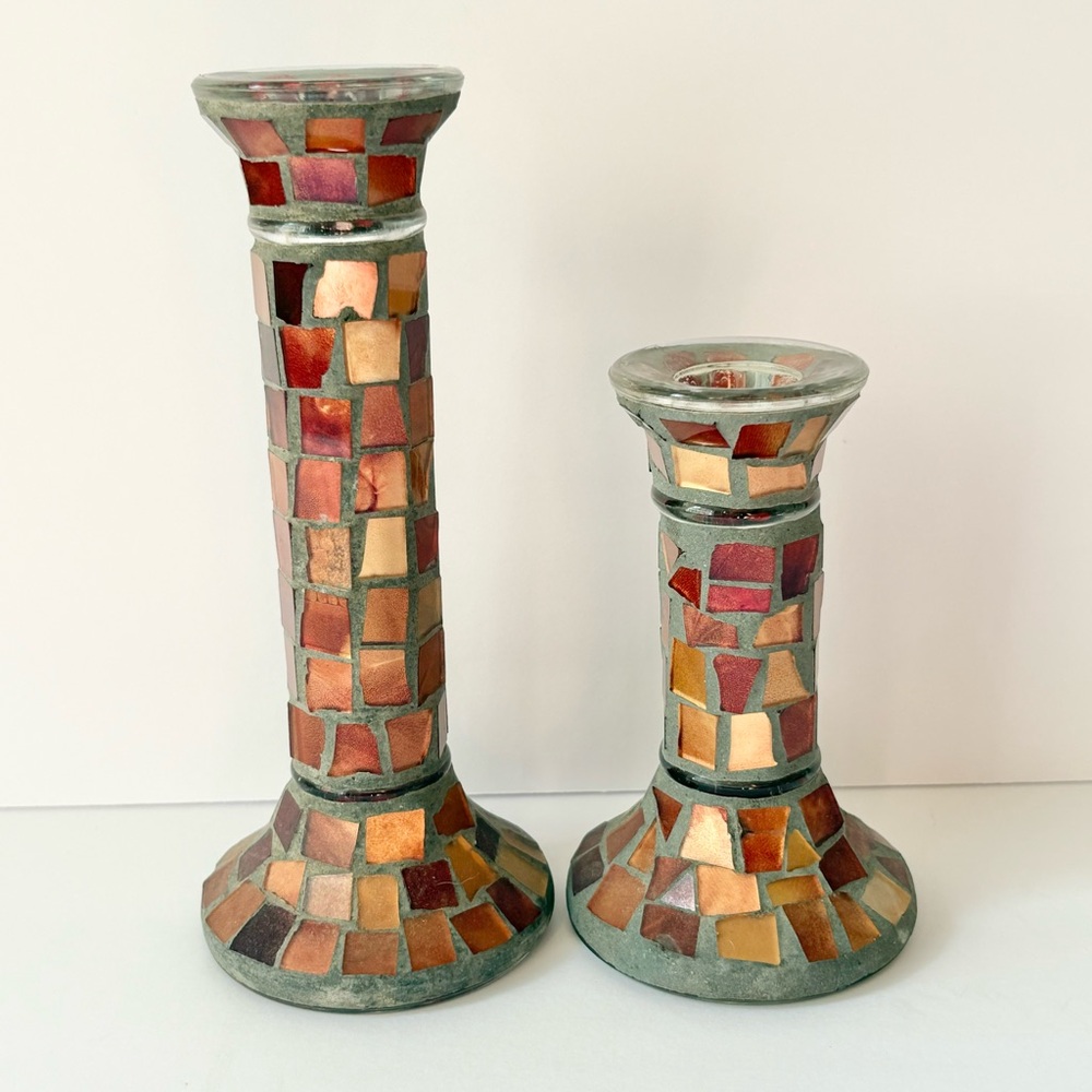 Vintage Home Interiors Mosaic Glass Candlestick Holders Red‎ Orange Gold